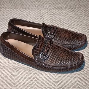 SALVATORE FERREGAMO Parigi Gancini Bit Brown Woven Driving Loafer Shoe Mens SZ13